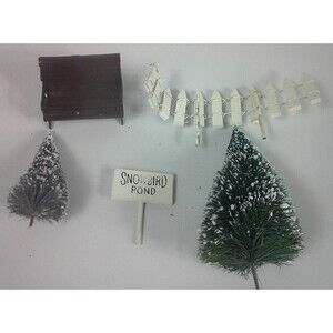 Vintage 1995 Lemax Animated Skating Pond Trees Fence Sign Bench Replacement Lot